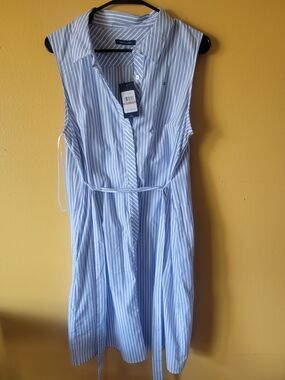 Tommy Hilfiger Light Blue and White Striped Sleeveless Shirt Dress